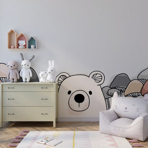 Woodland bear mural wallpaper transforming playroom with gentle forest theme for toddlers