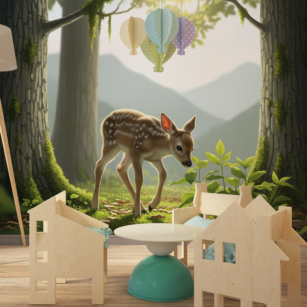 Nature-inspired forest deer mural wallpaper transforming children's room into woodland sanctuary