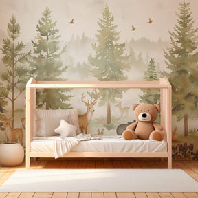 Enchanted forest wallpaper with deer family creating serene atmosphere in children's bedroom decor