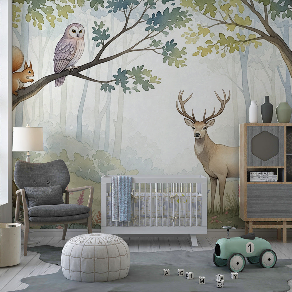 Kids-Mundo enchanted forest wall mural styled in a calm, nature-themed kids bedroom