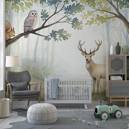 Kids-Mundo enchanted forest wall mural styled in a calm, nature-themed kids bedroom
