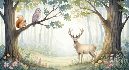 Kids-Mundo flat artwork preview of the woodland deer, owl and squirrel wall mural design