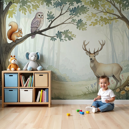 Kids-Mundo woodland wall mural with deer, owl and squirrel in a soft green baby nursery