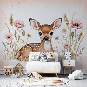Gentle fawn and flowers mural wallpaper transforming children's bedroom with nature theme by Kids-Mundo