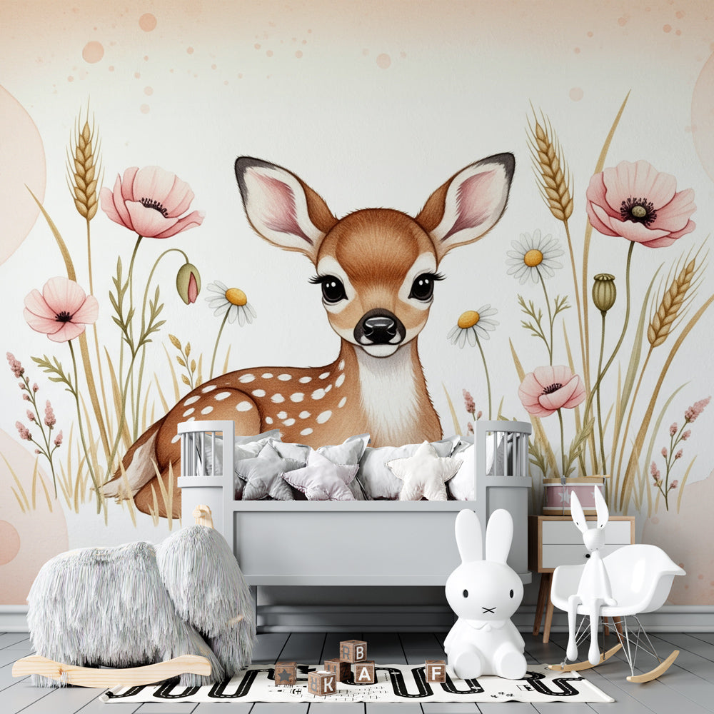 Soft pink floral fawn wallpaper creating calming atmosphere in kids playroom by Kids-Mundo