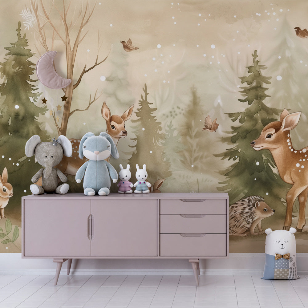Kids-Mundo forest friends wall mural covering a wall in a toddler's bedroom.
