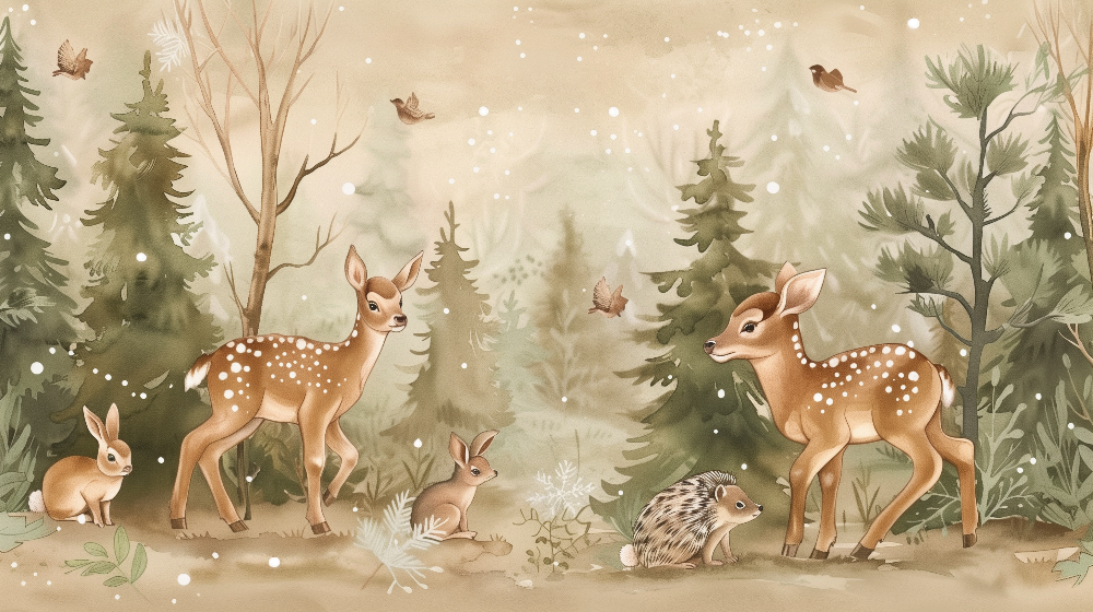 Kids-Mundo flat artwork of woodland fawns, rabbits, a hedgehog and birds among snowy pine trees.