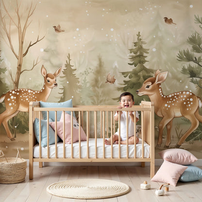 Kids-Mundo woodland fawns wall mural styled behind a cot in a neutral nursery.
