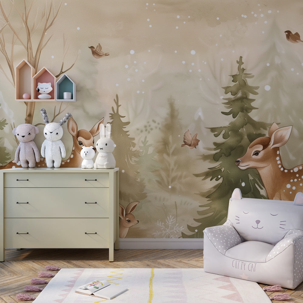 Kids-Mundo woodland animal wall mural bringing character to a shared playroom wall.