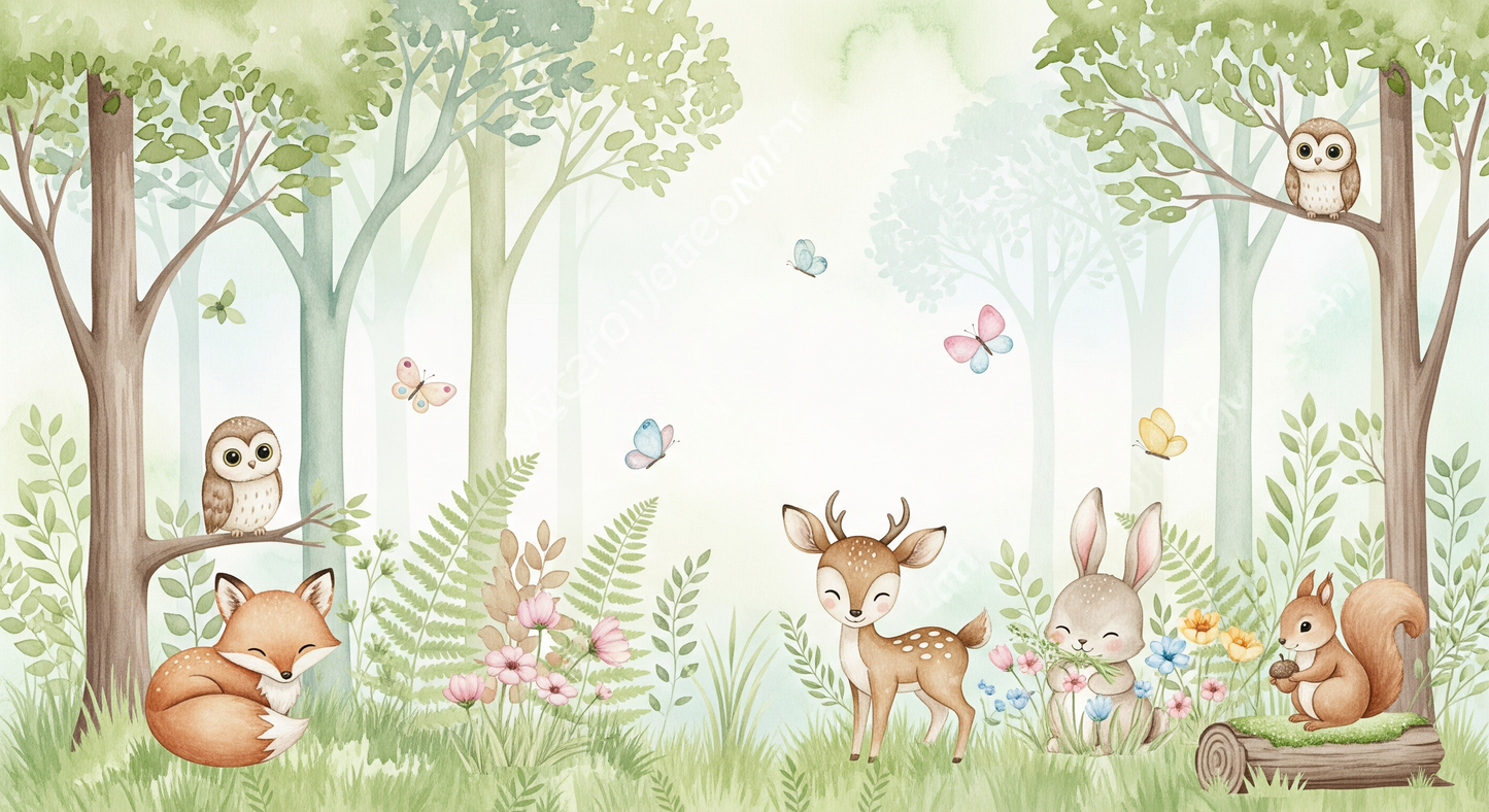 Kids-Mundo flat artwork of woodland animals including a fox, fawn, rabbit, owls and squirrel