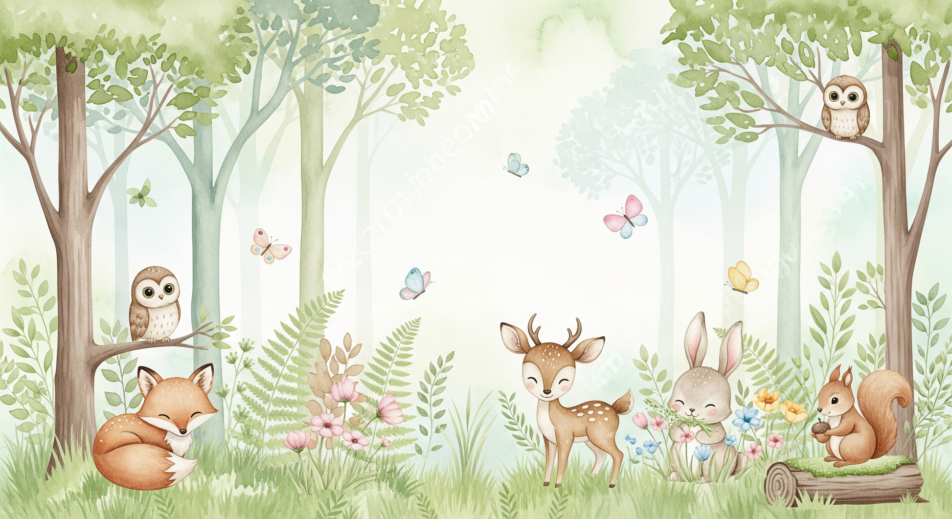 Kids-Mundo flat artwork of woodland animals including a fox, fawn, rabbit, owls and squirrel