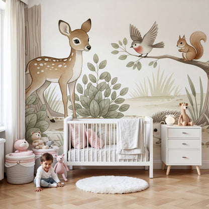 Kids-Mundo woodland friends wall mural styled above a cot in a soft nursery