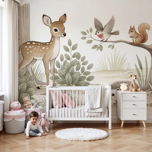 Kids-Mundo woodland friends wall mural styled above a cot in a soft nursery