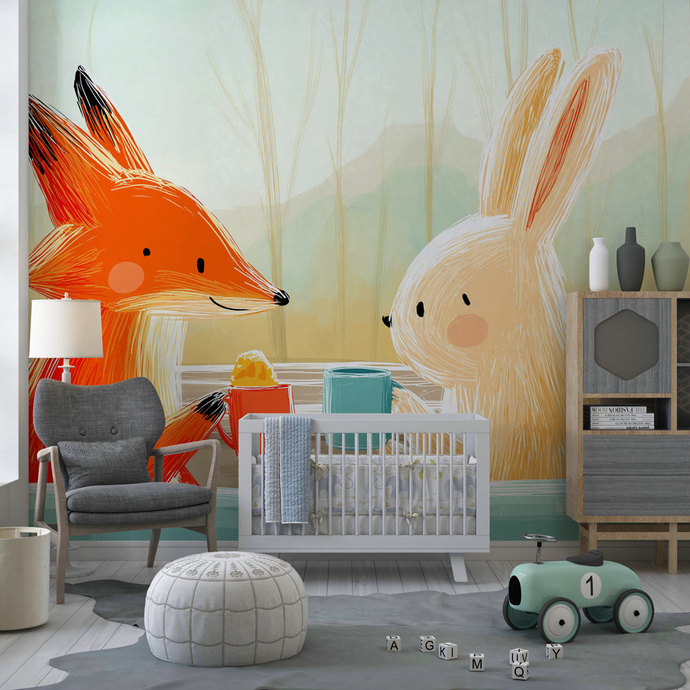 Pastel woodland animal mural wallpaper for peaceful toddler room decor by Kids-Mundo