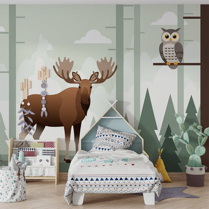 Kids-Mundo forest wall mural with a moose, fox and owl covering a feature wall in a kids' bedroom