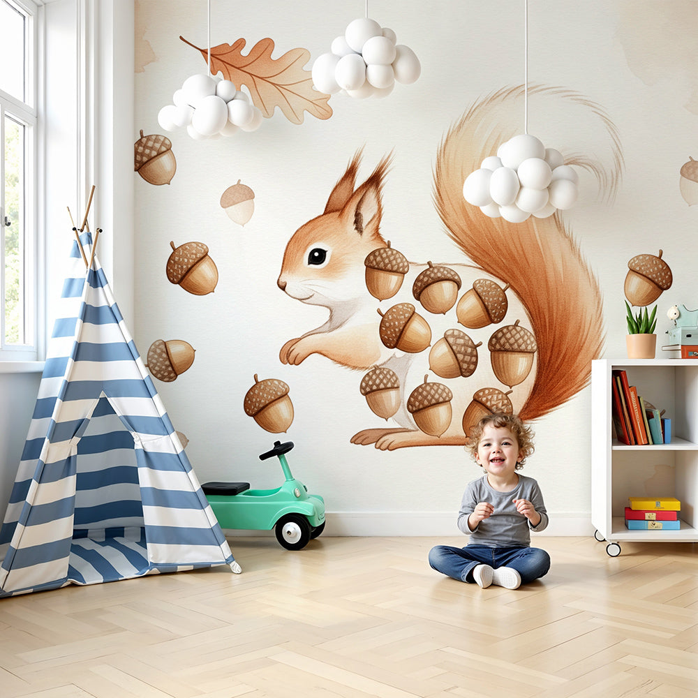 Kids-Mundo woodland squirrel wall mural styled in a nursery with soft cream and brown tones