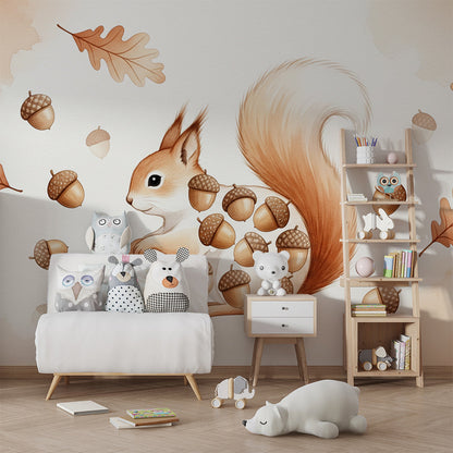 Kids-Mundo autumn squirrel wall mural brightening a children's playroom feature wall