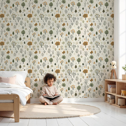 Kids-Mundo autumn woodland trees pattern wall mural styled in a warm neutral nursery