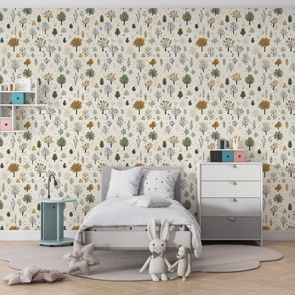 Kids-Mundo woodland pattern wall mural bringing gentle colour to a children's playroom