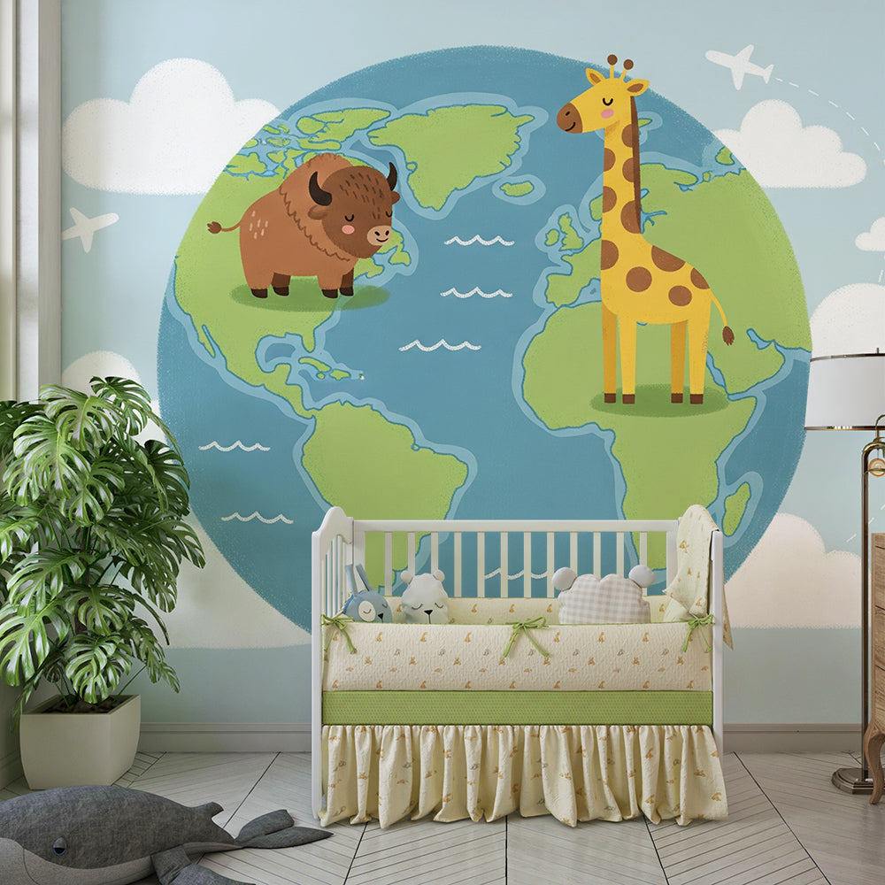 Kids-Mundo world globe wall mural bringing animals and adventure to a kids' bedroom