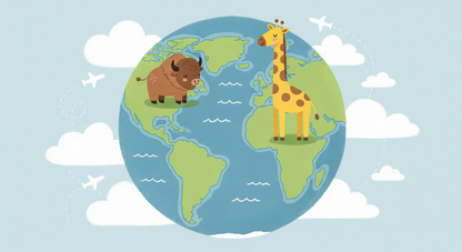 Kids-Mundo illustrated artwork of a giraffe and bison standing on a colourful world globe