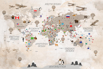 Kids-Mundo vintage world map artwork showing continents, country flags, animals and hot air balloons