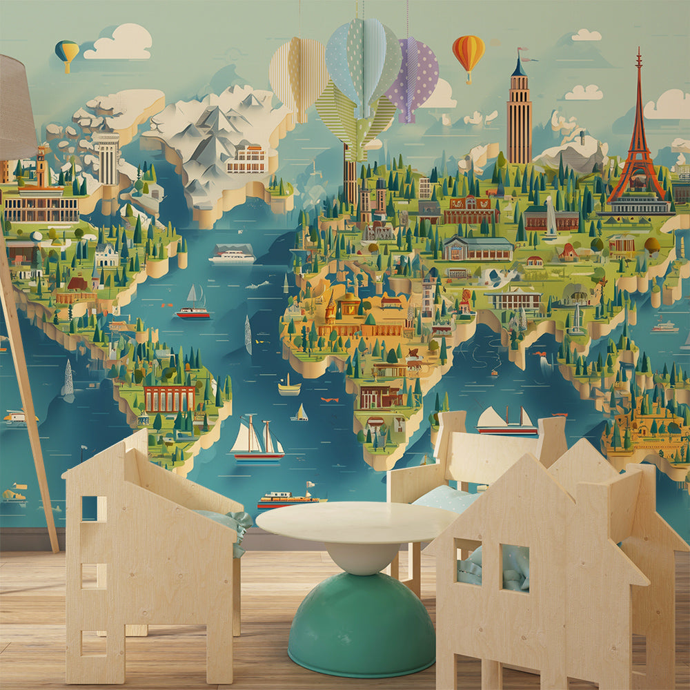 World map mural with hot air balloons by Kids-Mundo covering a wall in a kids bedroom