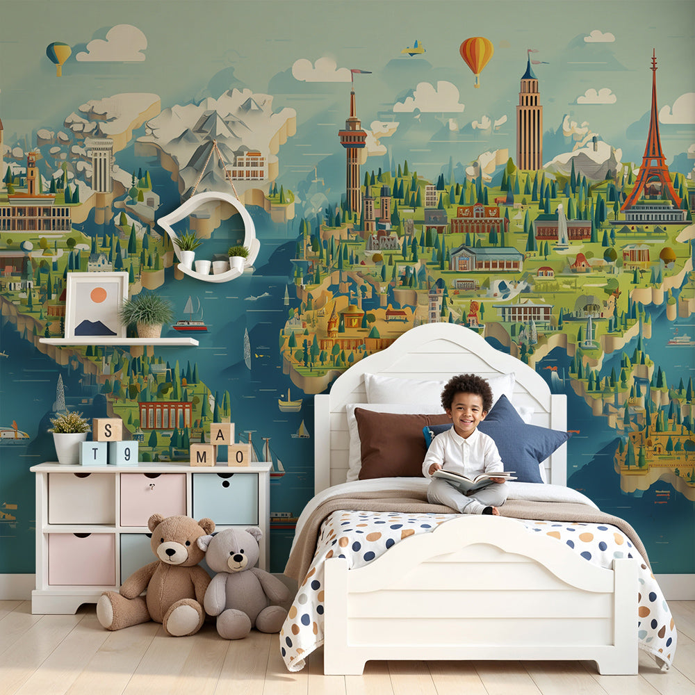 Kids-Mundo world map wall mural with hot air balloons hung above a cot in a nursery