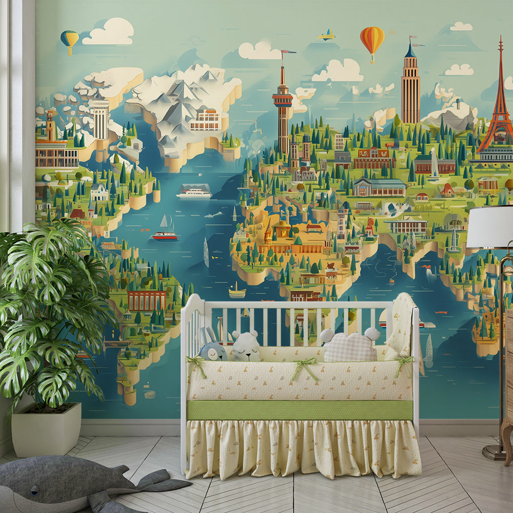 Kids-Mundo hot air balloon world map wallpaper brightening a shared children's playroom