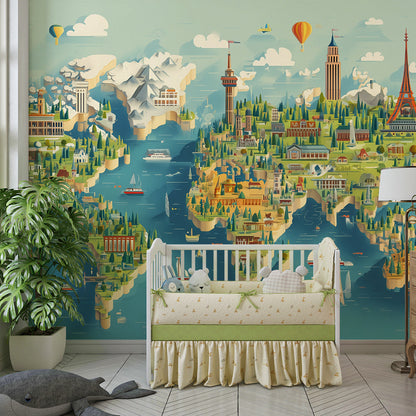 Kids-Mundo hot air balloon world map wallpaper brightening a shared children's playroom