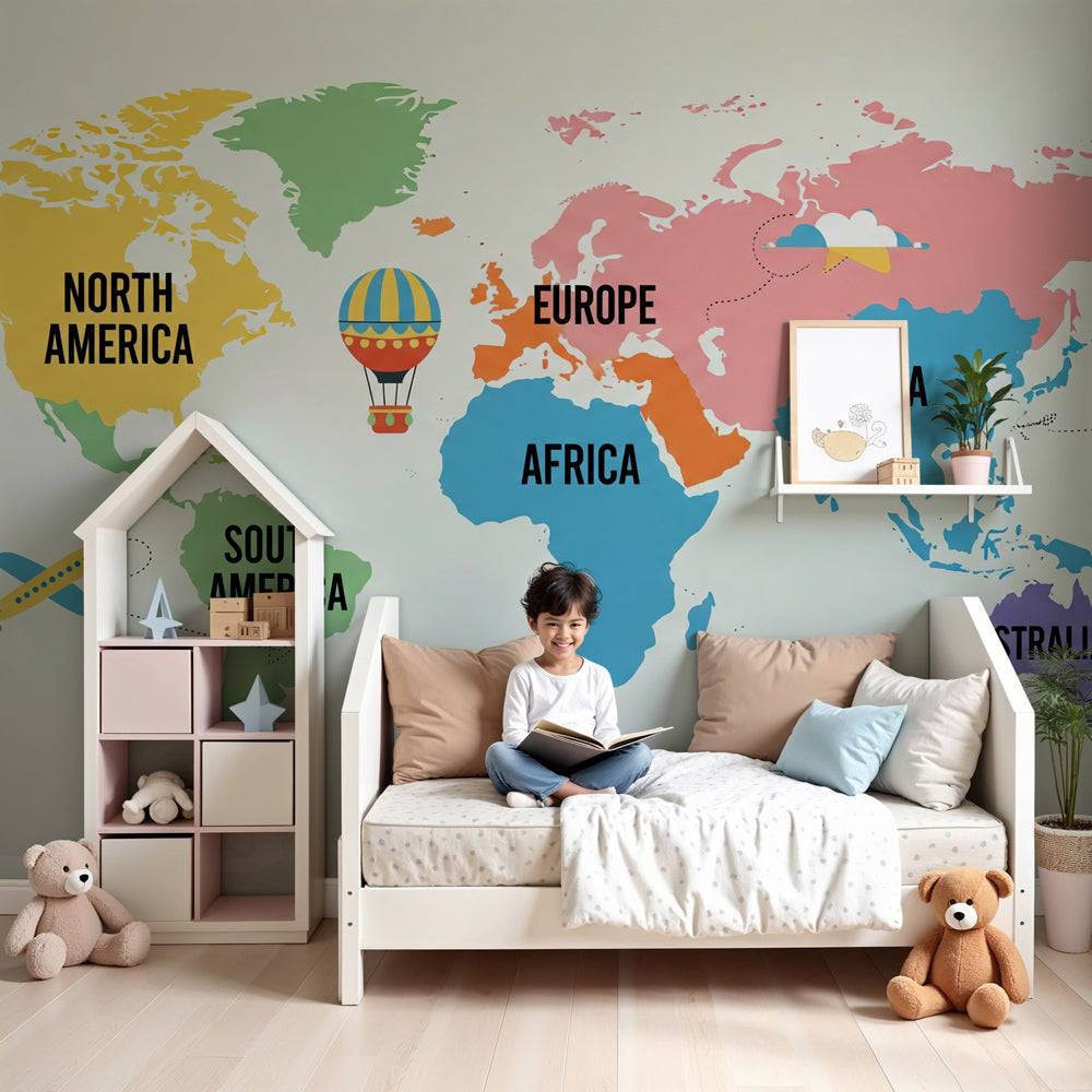 Colorful world map mural wallpaper with planes and balloons in modern kids bedroom by Kids-Mundo