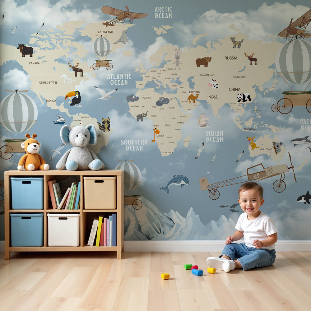 Adventure world map mural wallpaper with animals and hot air balloons in modern nursery by Kids-Mundo