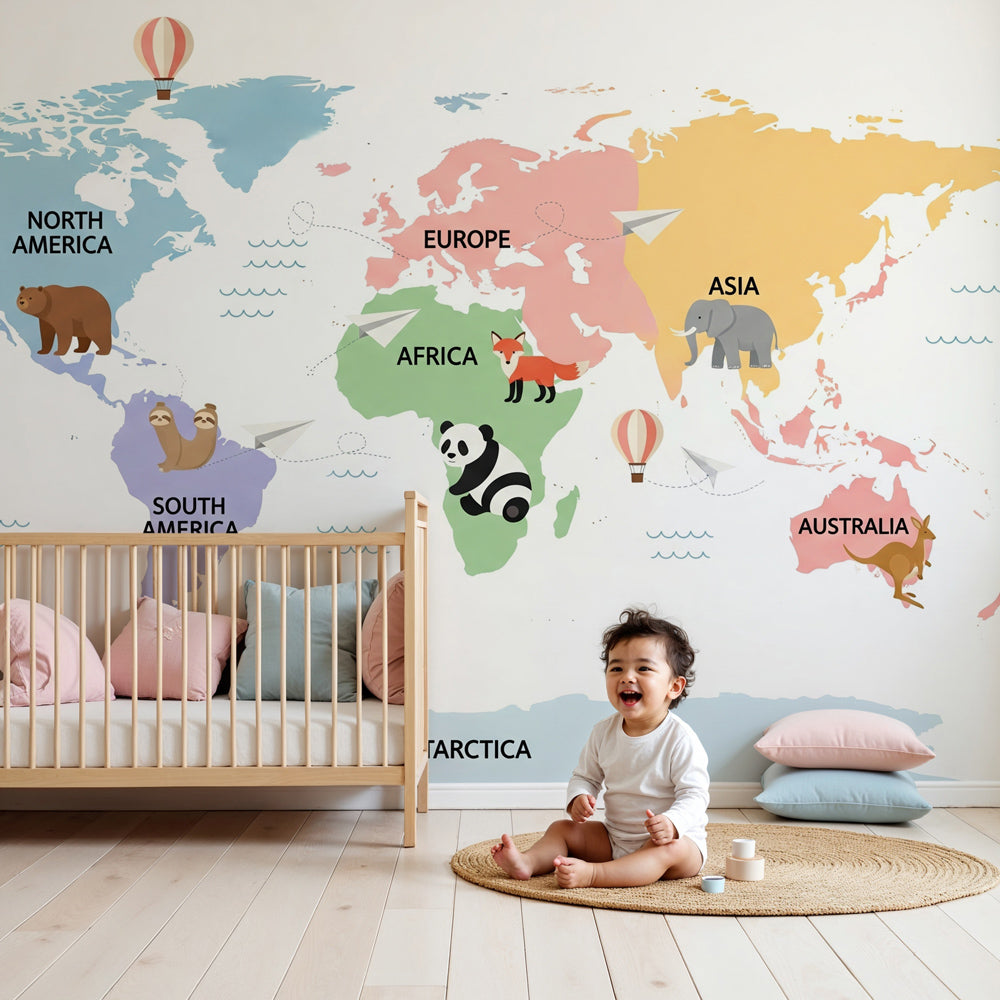 World map mural wallpaper with animals creating educational kids bedroom decor by Kids-Mundo