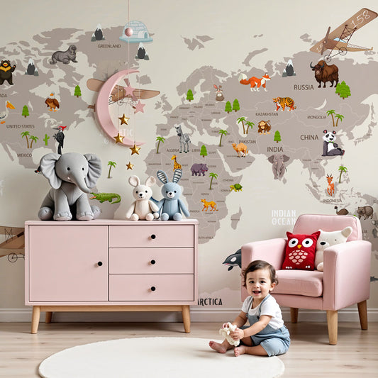 World map mural wallpaper with animals and natural landscapes in beige kids bedroom by Kids-Mundo