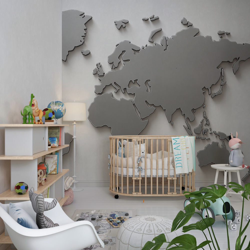 Contemporary world map mural wallpaper transforming children's bedroom into educational space