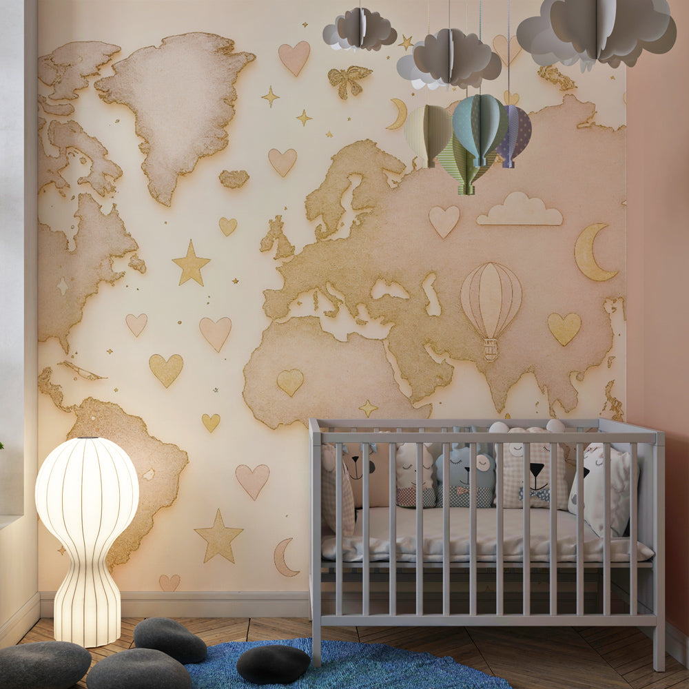 World map wallpaper creating magical children's bedroom with pastel tones and golden accents