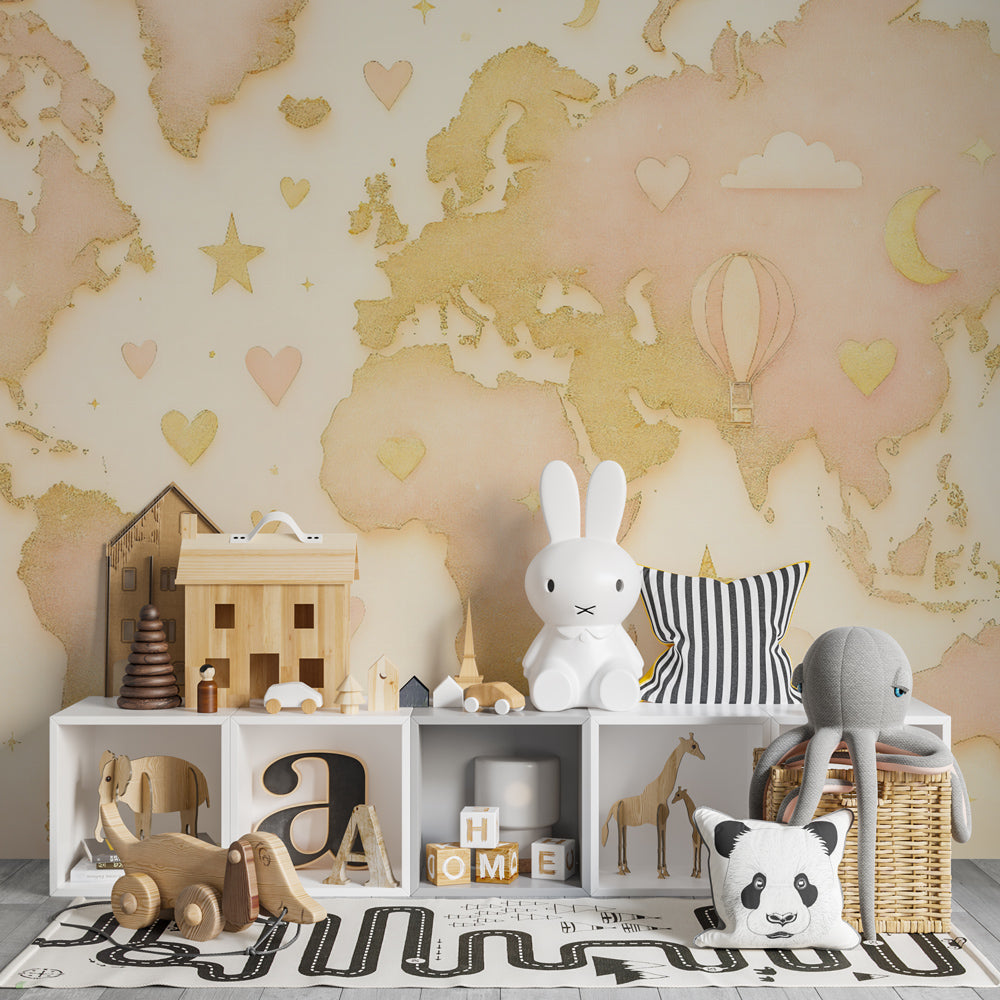 Whimsical world map wallpaper creating educational children's bedroom decor with golden tones