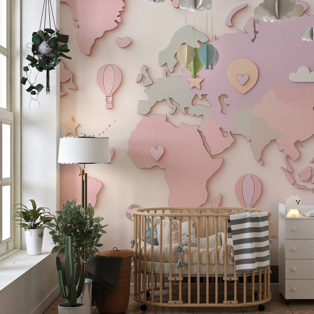 World map wallpaper with hot air balloons and stars decorating modern children's bedroom by Kids-Mundo