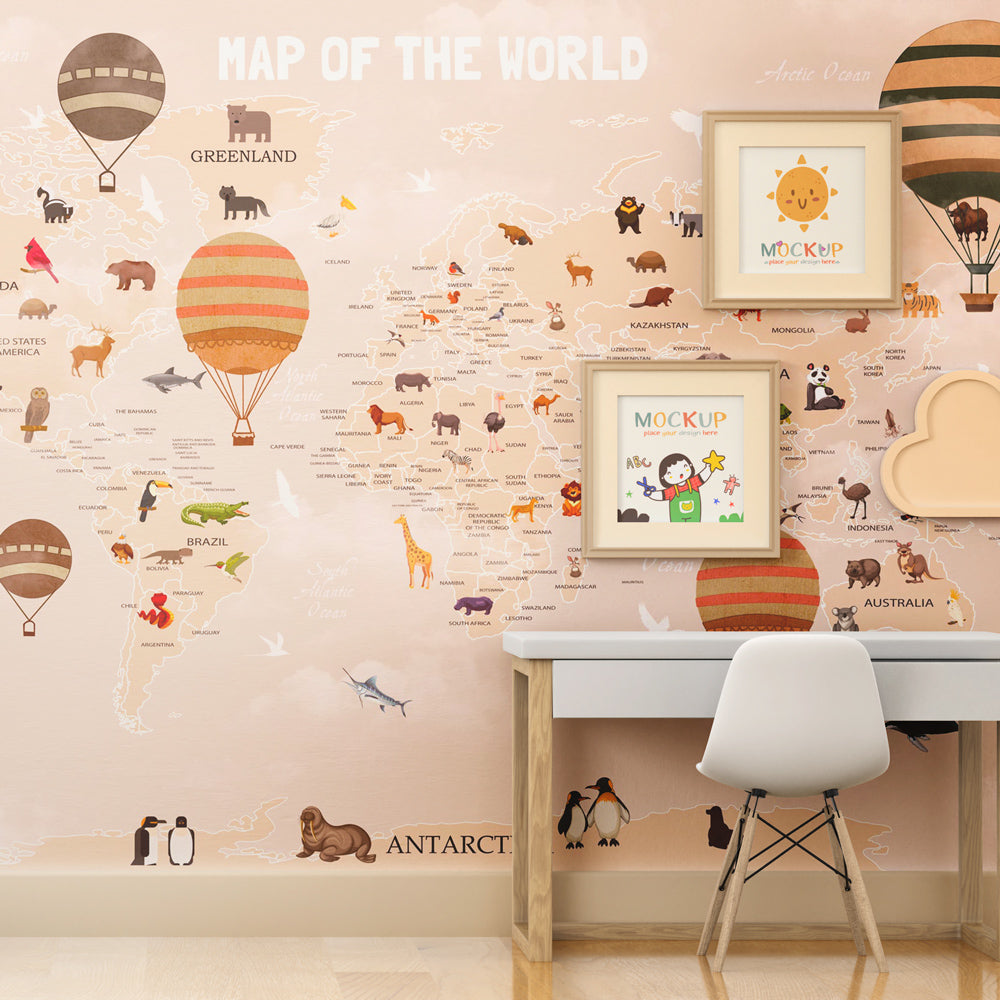Illustrated world map wallpaper creating educational kids bedroom with beige tones