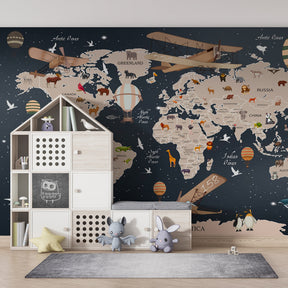 Adventure world map mural wallpaper transforming children's bedroom into exploration zone