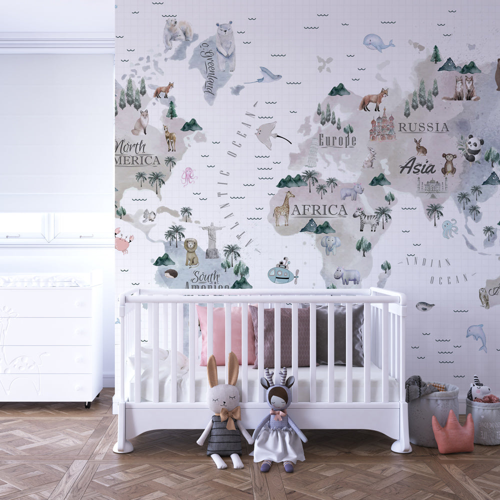 Educational world map wallpaper creating inspiring kids bedroom decor with watercolor animals