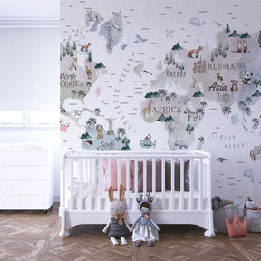 Educational world map wallpaper creating inspiring kids bedroom decor with watercolor animals