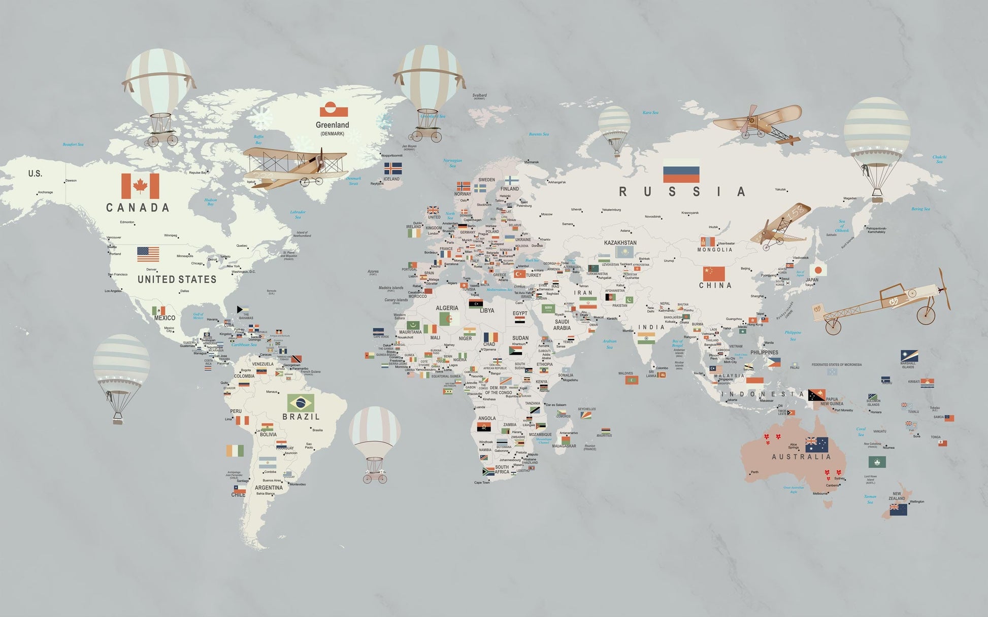 Detailed world map mural wallpaper design pattern with vintage planes and hot air balloons by Kids-Mundo