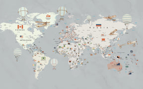 Detailed world map mural wallpaper design pattern with vintage planes and hot air balloons by Kids-Mundo