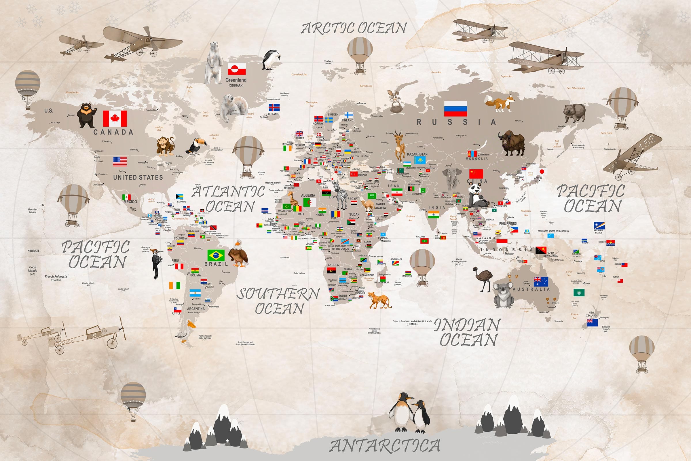 Detailed vintage world map mural wallpaper design pattern with flags and animals by Kids-Mundo