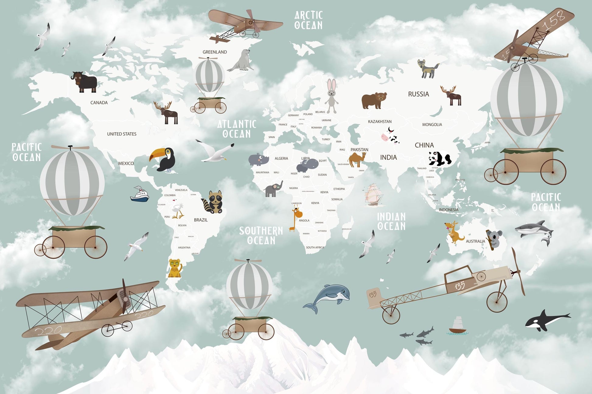 Detailed adventure world map mural wallpaper design pattern with animals and balloons by Kids-Mundo