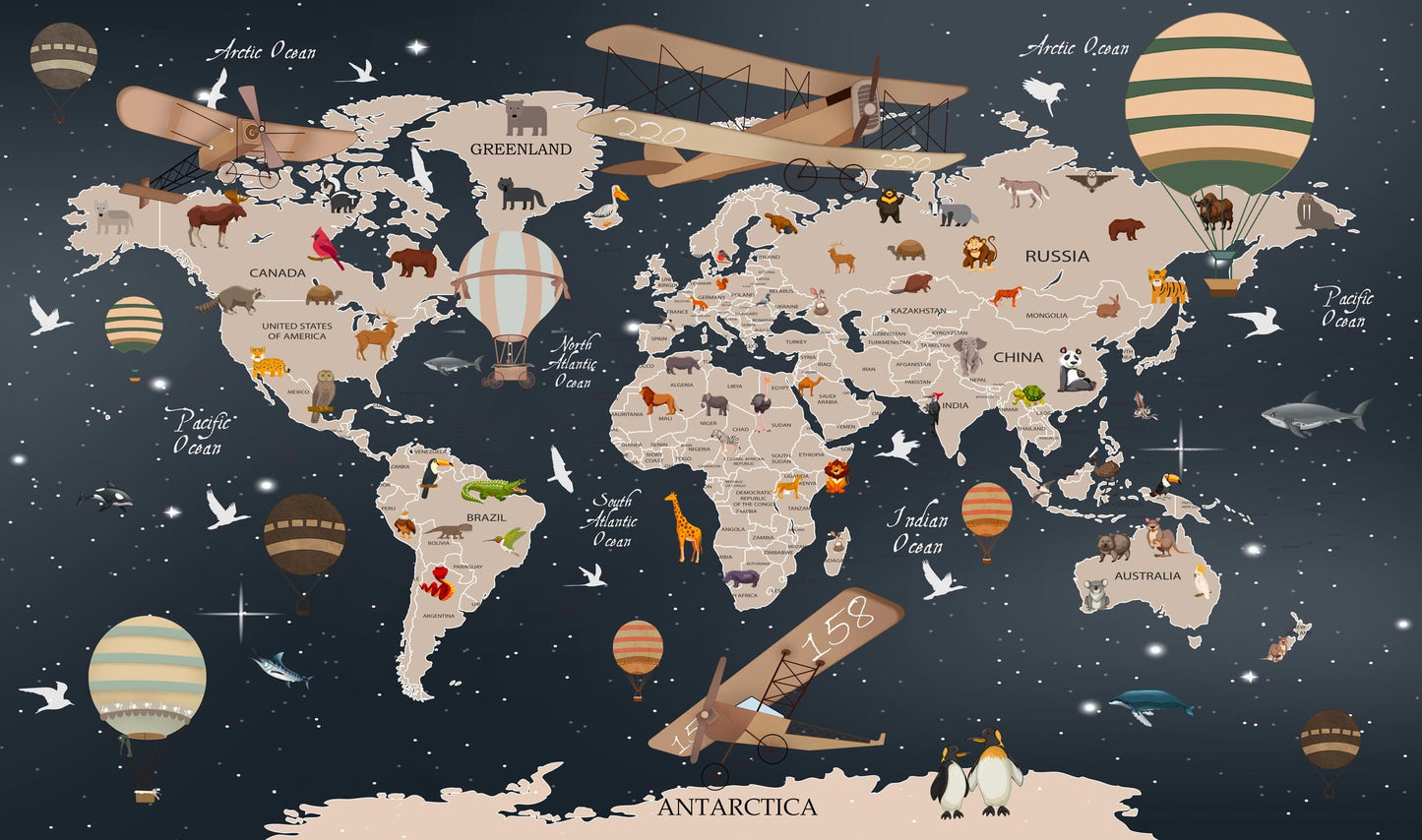 Detailed nighttime world map mural wallpaper design pattern with animals and vintage aircraft by Kids-Mundo