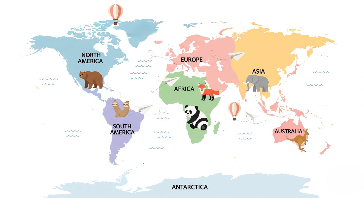 Detailed world map with animals mural wallpaper design pattern by Kids-Mundo