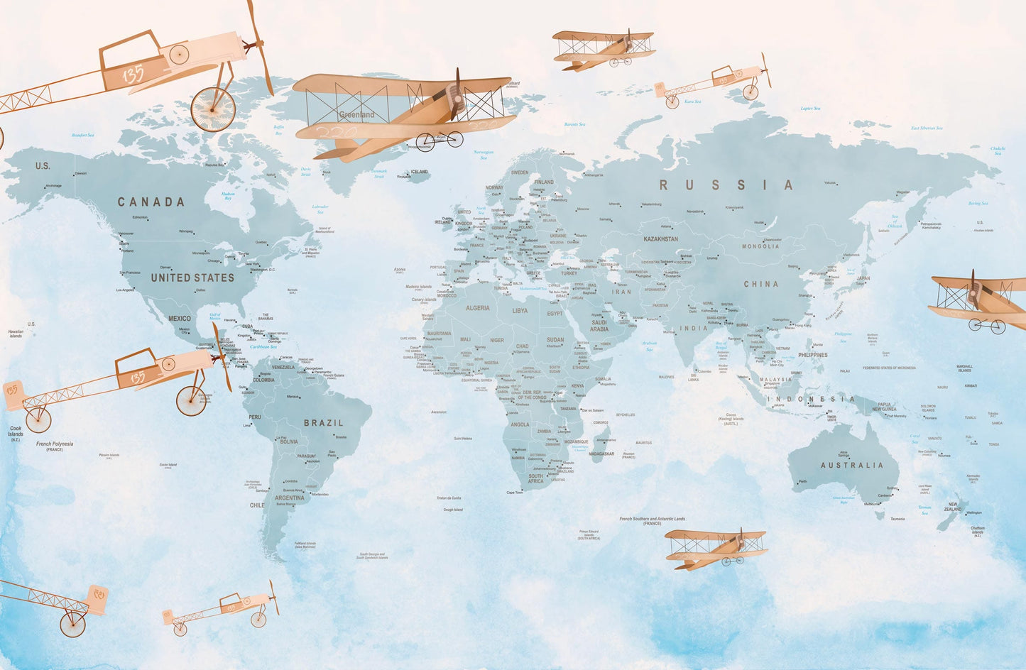 Detailed blue world map mural wallpaper design pattern with vintage aircraft by Kids-Mundo