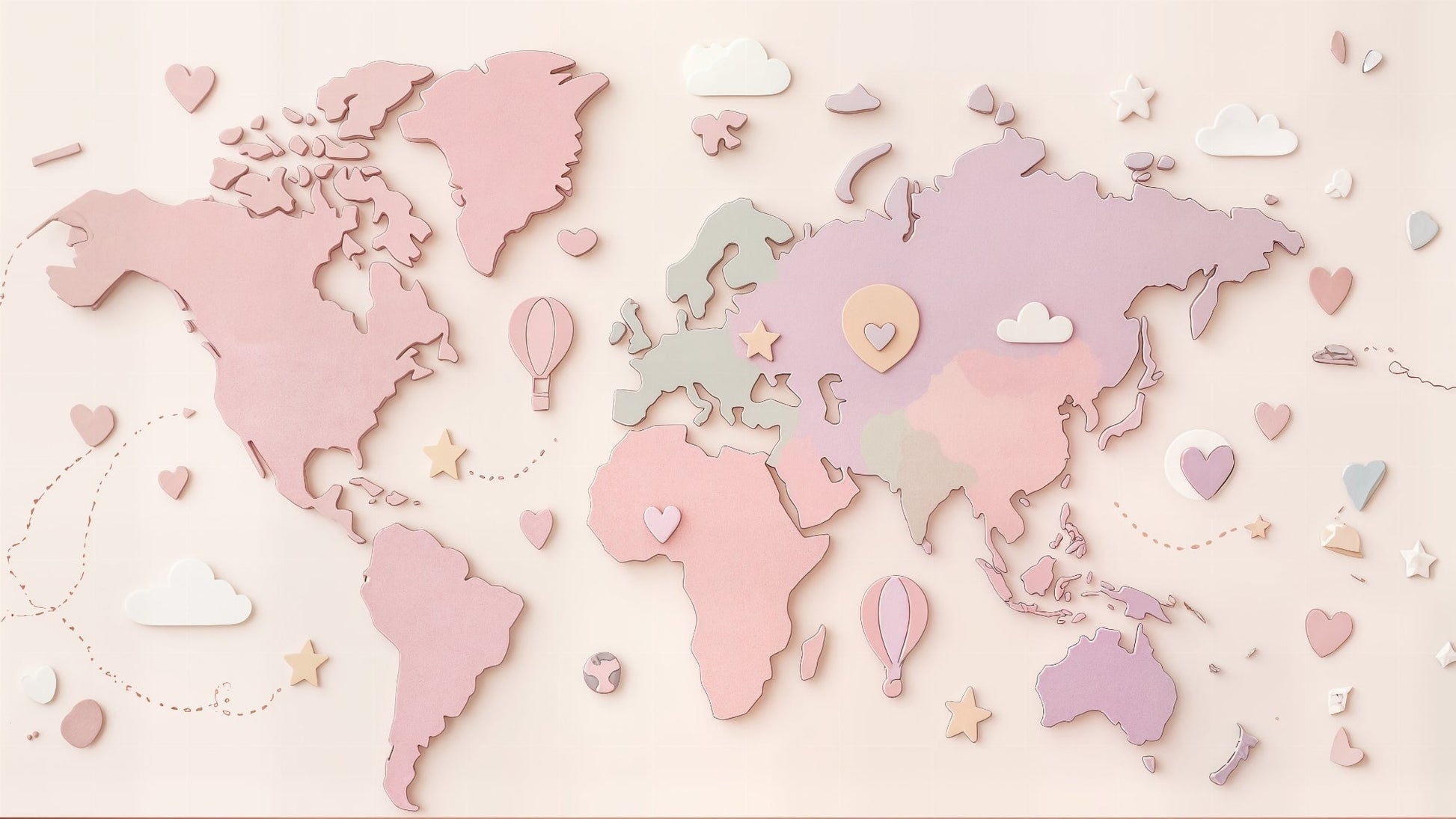 Detailed pastel world map mural wallpaper design pattern with clouds and hot air balloons by Kids-Mundo